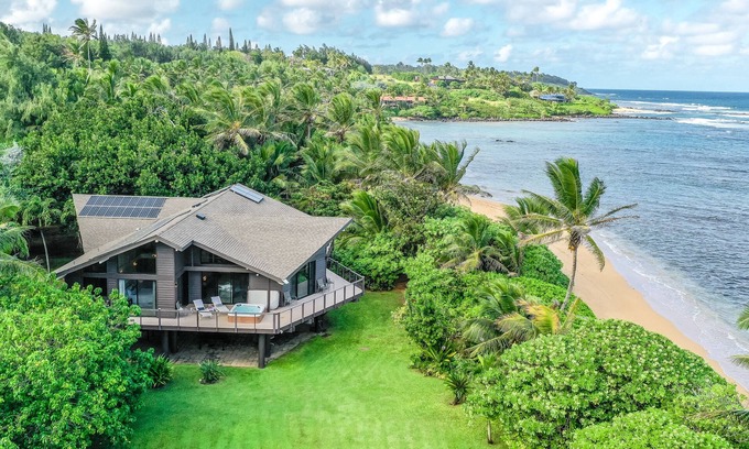 Anahola House | Beachfront estate with ocean views, private hot tub, beach gear & enclosed yard
