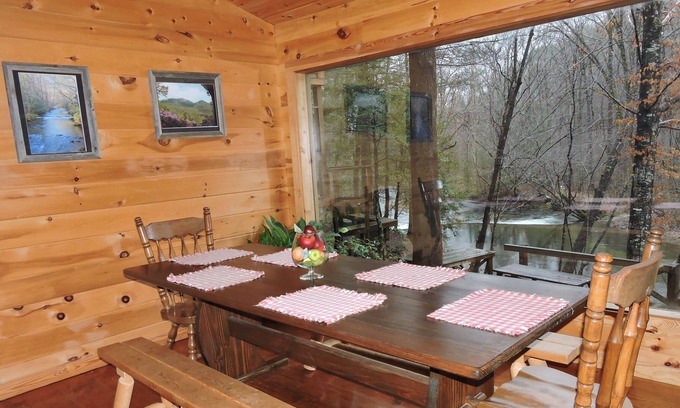 Cleveland Cabin | Beautiful mountain home with Hot tub, deck right up to riverfront.