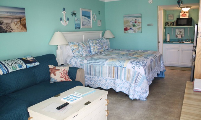 Atlantic Beach Apartment | Bogue Shores, Unit 133. King bed. Pool side/new pool, Beach/Sound Access