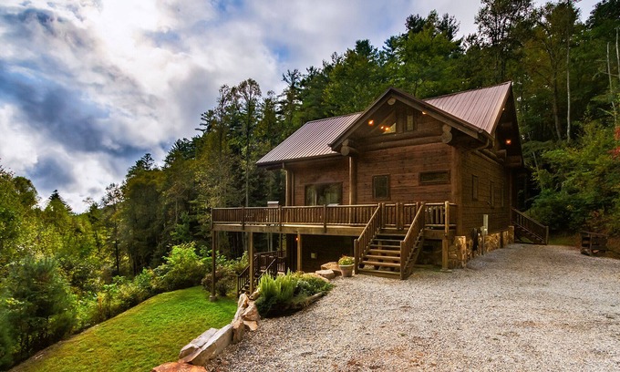 Almond Cabin | Couple's private escape mountain cabin with fireplace and hot tub on deck