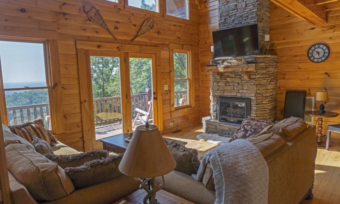 Lake Lure Cabin | Cozy Cabin w/ Breathtaking Mountain view, hot tub, fire fit, game room & luxury.