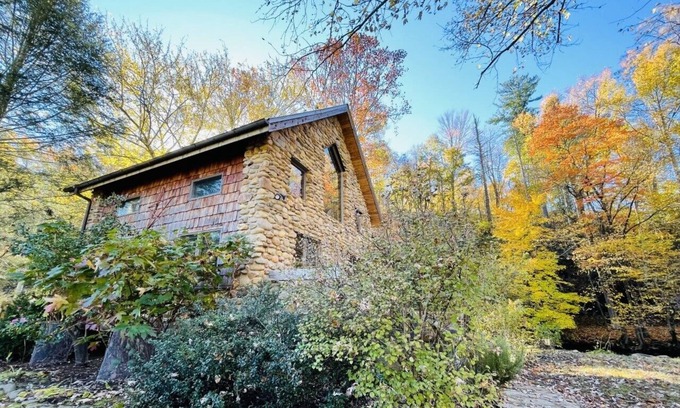 Hot Springs Cottage | Creekside Post & Beam Stone Cottage, Hot Tub, Outdoor Shower, Gas Fireplace! D/T