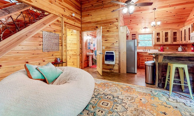 Blue Ridge Cabin | Dog-friendly 2-story cabin with outdoor fireplace, pavilion, patio, W/D, & AC