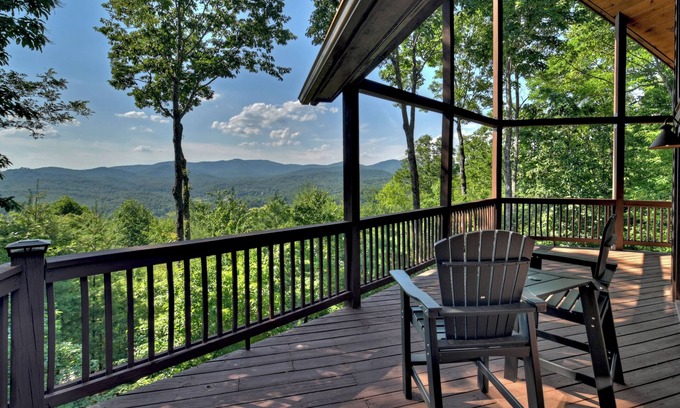Mineral Bluff Cabin | Eagle Ridge, is pet-friendly haven with a full fenced area and offers awe-inspiring mountain views, a bubbling hot tub, cozy outdoor fireplace, and reliable WiFi.
