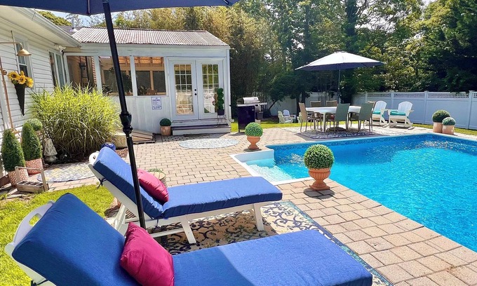 Hampton Bays House | Hamptons Poolside Retreat, Spacious Porch, Firepit & Pet Friendly Haven