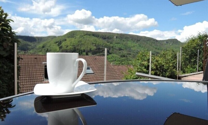 Bad Urach Apartment | Haus Eisele Ferienwohnung 1, 45qm, mit Doppelbett, Schlafsofa, TV, Badezimmer, Einbauküche, Sonnenterrasse