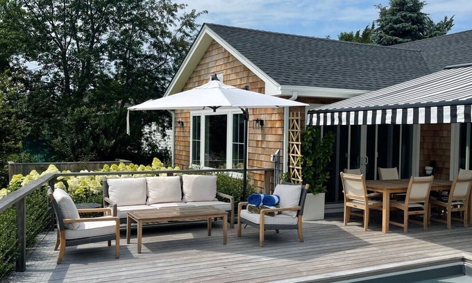 Southold House | Heated pool on Goose Creek, private dock, massive yard walk to beach, wineries