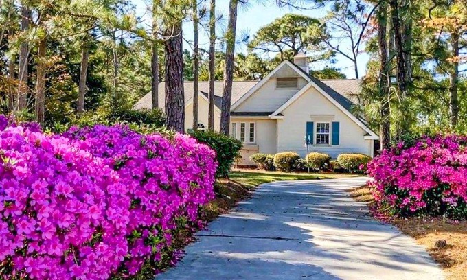 St. James House | Inviting house with nearby golf courses, charming patio, washer/dryer, AC