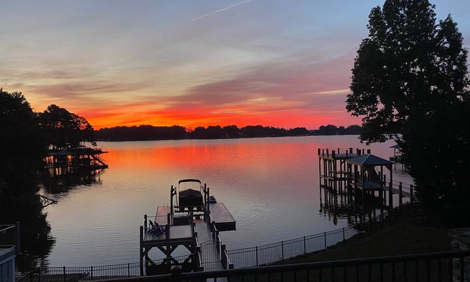 Mayhew House | Lake Norman Retreat with breathtaking water view, sand beach and private dock