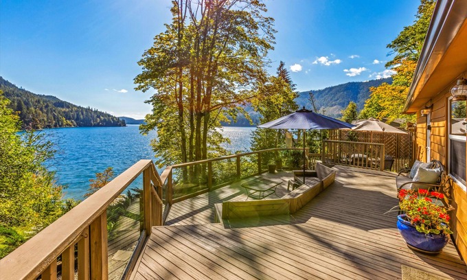 Hoodsport Cabin | Lakefront Cabin. Private Dock. Spacious Deck.
