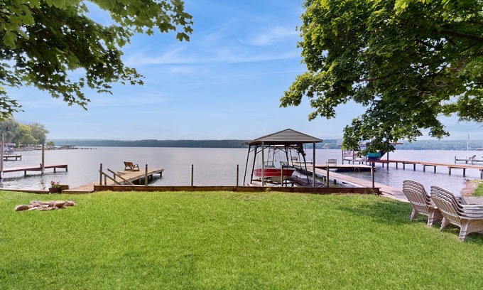 Valois House | Lakefront home with large deck, dock, kayak, & gorgeous views