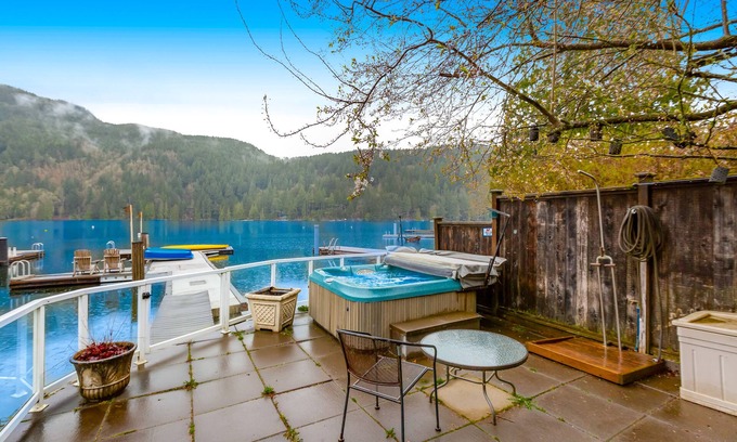 Bellingham House | Lakefront home with stunning view, hot tub, dock, decks, firepit & rec room