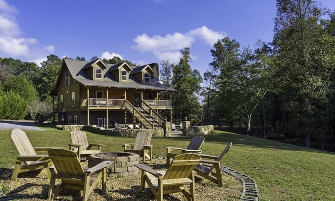 Mentone Cabin | Large authentic 3-story log cabin adjacent to lake. Up to 14 guests.