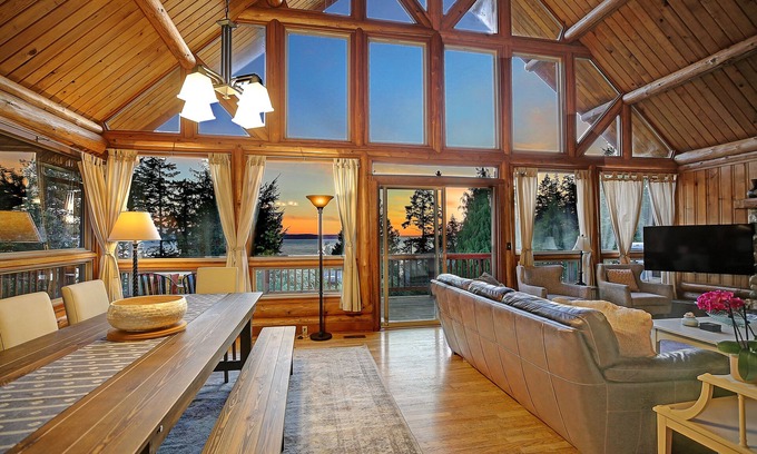 Camano Island House | Large Log Cabin w/Ocean Views, indoor/outdoor games, 5mins walk to beach