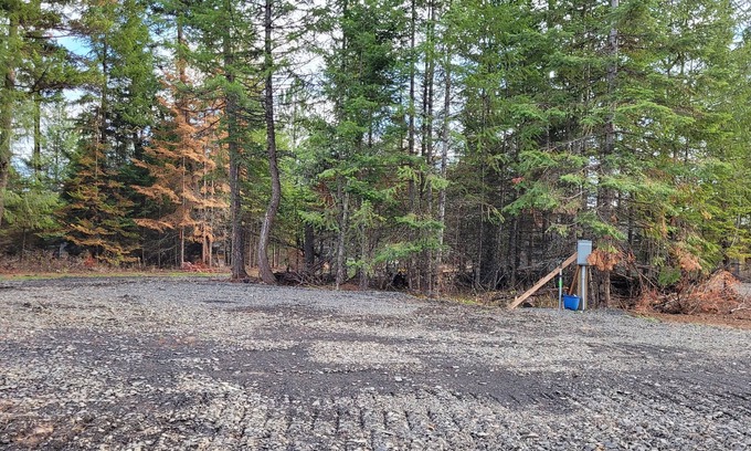 Harvard RV Rental | Large RV site with full hookups, surrounded by trees and nature.