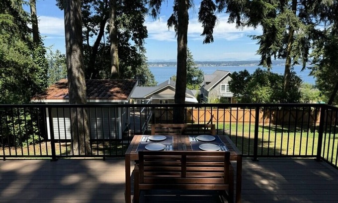 Bells Beach House | Light-filled home with Puget Sound view, great deck, fenced yard & fireplace