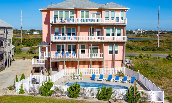 Hatteras House | Luxe, ocean- & sound-view home with private pool, hot tub, decks & game room