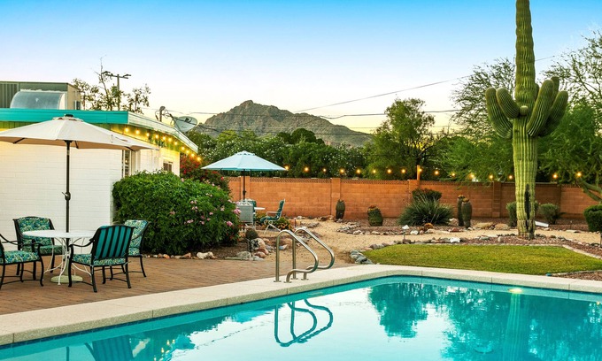 Southwest Village House | Mid-Century modern home in Old Town with yard, pool, games & alfresco dining