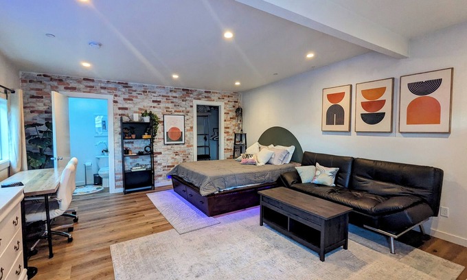 Larkspur Apartment | Modern Studio in the Redwoods with Deck, AC and Outdoor Movie Theater