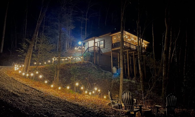 Blue Ridge Cabin | Modern Treetop Cabin on Stocked Trout Stream + Hot Tub + Fire Pit
