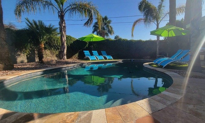 Southwest Village House | Old Town Scottsdale modern decor big pool hot tub TV on patio Comfort Convenient