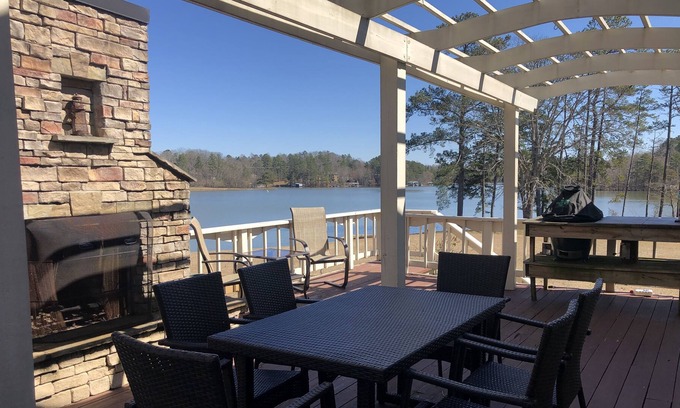 Dawsonville House | Panoramic & unobstructed lake views, level walk to shore, & private sandy beach