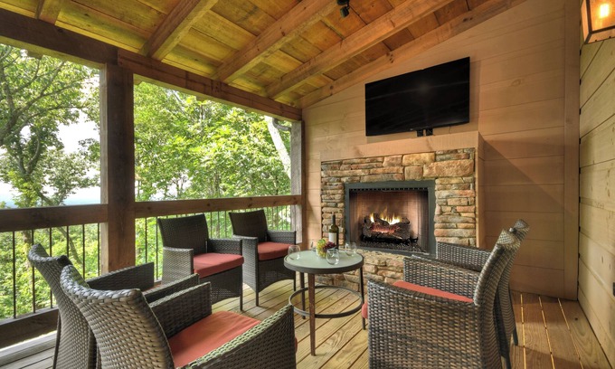 Walnut Mountain Cabin | Pet Friendly, Ellijay cabin rental with a big view of the Georgia Mountains! Hot tub, outdoor fireplace