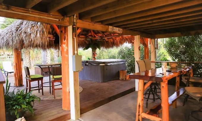Galveston House | Private Hot Tub with outdoor shower and tiki area to relax and Enjoy!