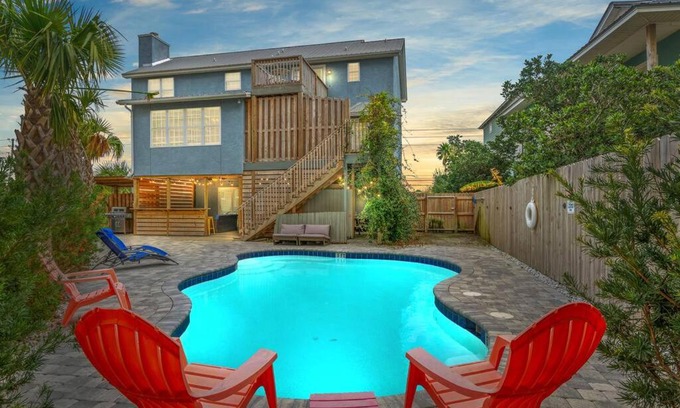 Gulf Lagoon Beach House | Sand Castle-Pool, Game Rooms, covered outdoor space with tiki bar, 1min walk to beach