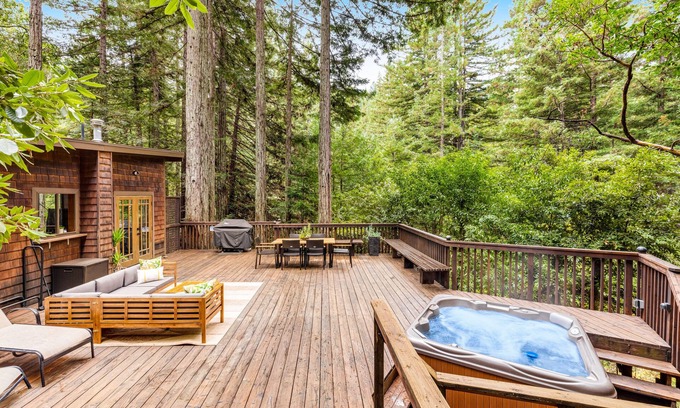 Cazadero House | Secluded, dog-friendly home with hot tub, outdoor dining, washer/dryer, & desk