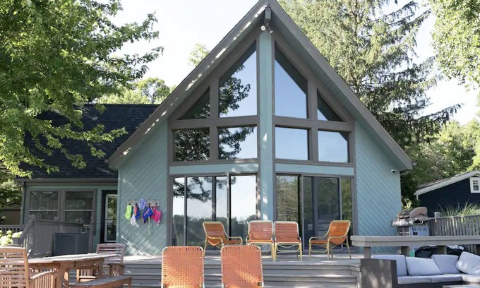 Sister Lakes Ski Chalet | Sister Lakes A-frame with panoramic lake views