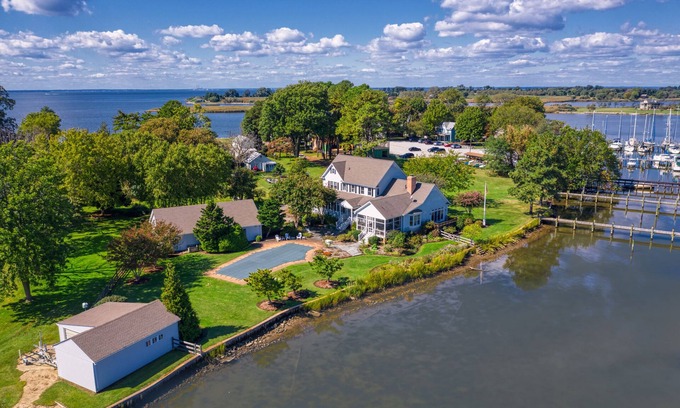 Rock Hall House | Stunning Waterfront Home, long pier, pool, featured in Conde Nast Traveler