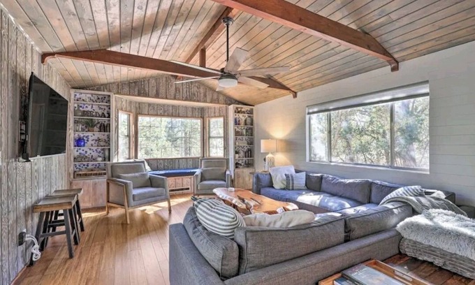 Pine Cabin | Summer time at our Cabin Home Backing Preserve with Deck, Grill and Gas Fire Pit