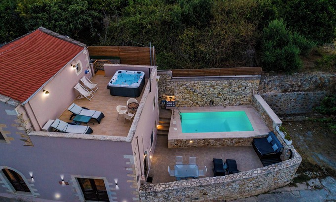 Makhairoi Villa | Villa Aladanos-stone villa/private heated jacuzzi and pool with amazing views