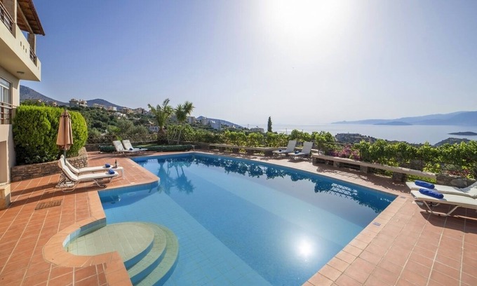 Katsikia Villa | Villa Irida, stunning view of the Mirabello bay and the town of Agios Nikolaos