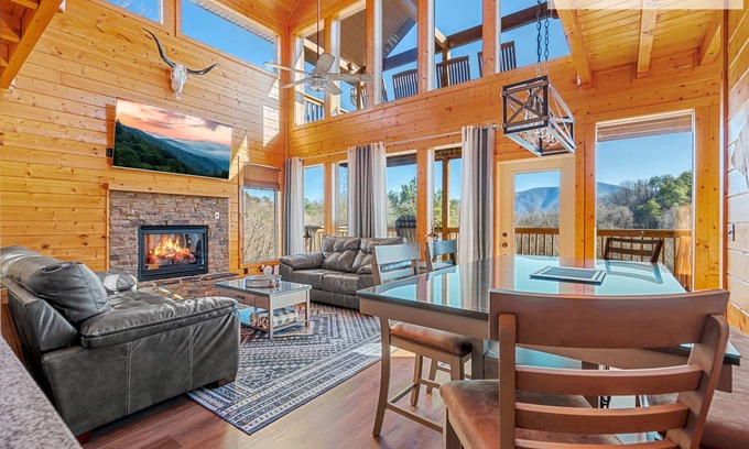 Gatlinburg - Pigeon Forge Cabin | Waterfall, Hot Tub, Fire Pit + 20 Mile View