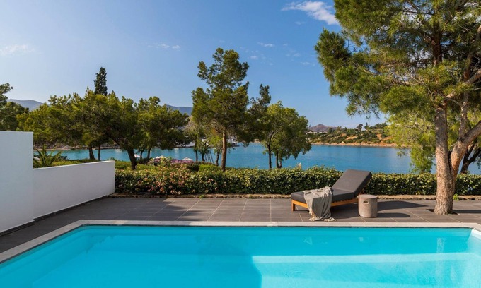 Agios Nikolaos Villa | Wonderful Crete Hotel | Seafront Bungalow | Private Pool | Furnished Veranda |.