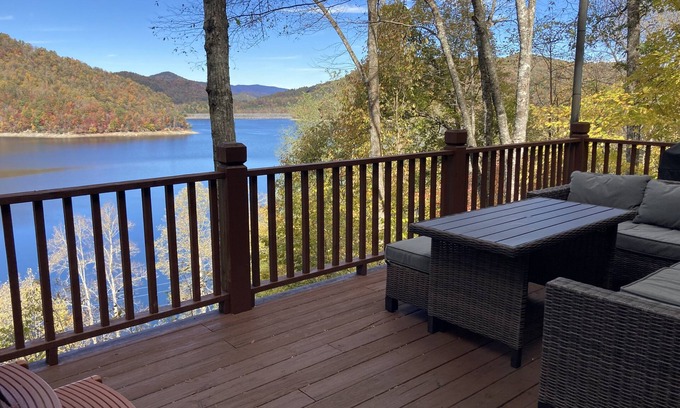 Topton Cabin | Wow! Lake Nantahala Smoky Mountain Cabin with Boat Dock, Hot Tub & Firepit!