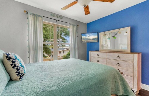 Sunset Bayou House | Beachy Blue House, 5 minutes to beach, with private hot tub, 3 bedrms/2.5 baths