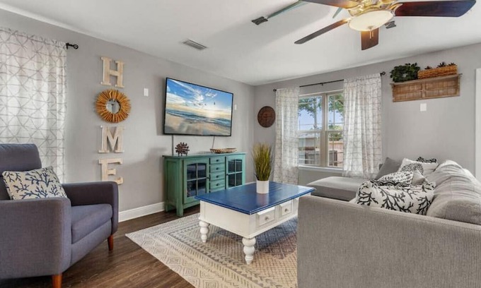 Sunset Bayou House | Beachy Blue House, 5 minutes to beach, with private hot tub, 3 bedrms/2.5 baths